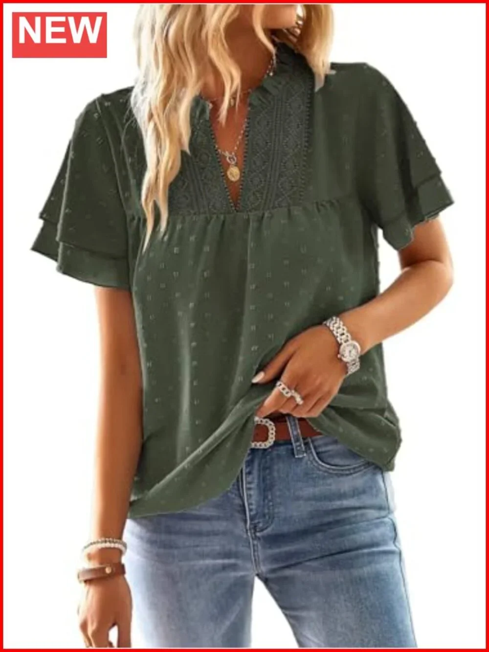 Womens V Neck Crochet Lace Blouse Short Sleeve Boho Top